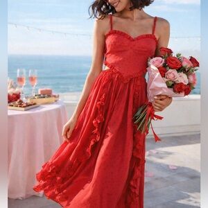 Farm Rio Heart Shaped Bodice Ruffled Midi Dress